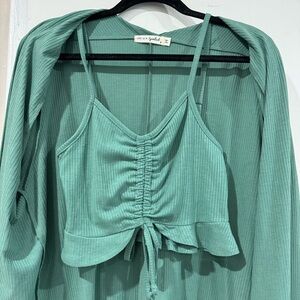 Ribbed Knit Tank Top and Cardigan Set Size Small - Sage Green
